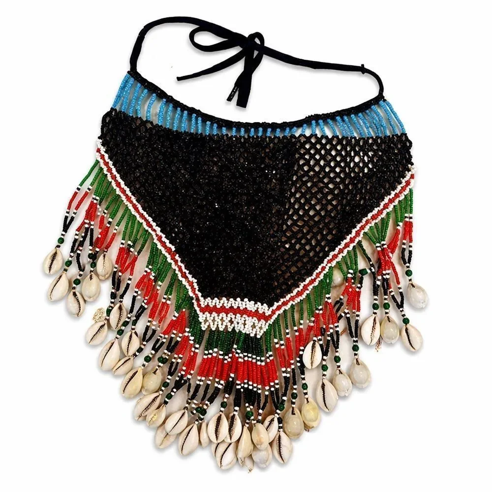 Vintage 60’s tie beaded dance skirt necklace or wall hanging cowrie shell bead